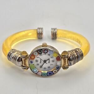 Venice Murano Glass Quartz Watch Cuff Yellow Bangle Bracelet New Battery